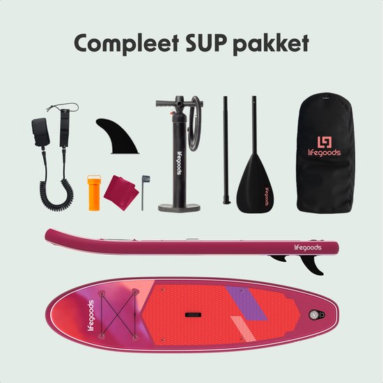 LifeGoods SUP Board All-round Compact - 100 KG Load Capacity - 300 x 76 cm - Inflatable - Complete SUP Package - Red/Lilac