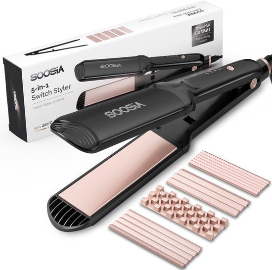 Soosia 5-in-1 Switch Styler - Lisseur, gaufrier, fer à vagues et fer à boucler - Plaques en céramique de 3,5 cm - Or rose