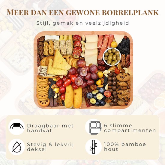 Plateau apéritif Latium en bambou avec couvercle et poignée - Plateau à tapas de luxe - Plateau de service - E-book gratuit inclus - Cadeau de Noël pour femmes ou hommes