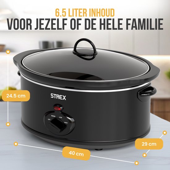 Mijoteuse Strex 6.5L - Cuve intérieure amovible en céramique - Fonction maintien au chaud - Mijoteuse - Noir
