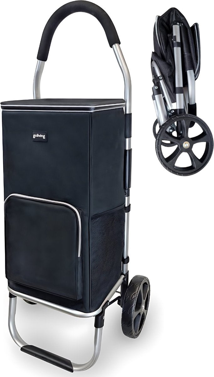 Chariot de courses - Goliving - Avec poches latérales et compartiment réfrigérant - Pliable - Aluminium inoxydable - 50L - Noir