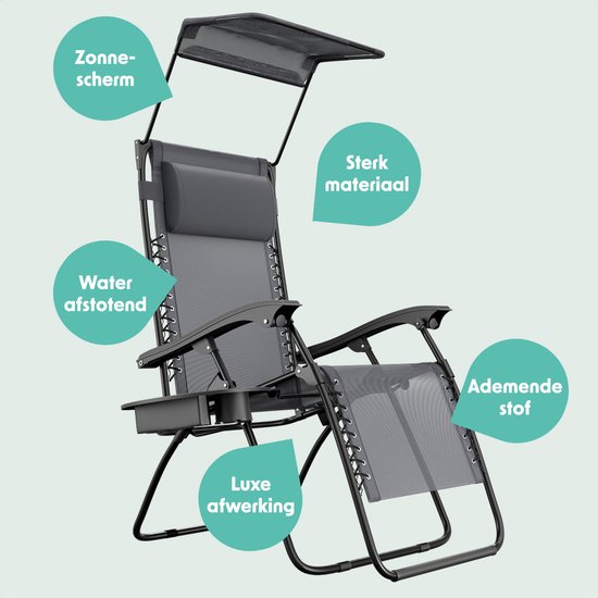 LifeGoods Chaise de jardin pliable - parasol réglable - chaise longue de jardin - 30°-90° réglable - métal - gris