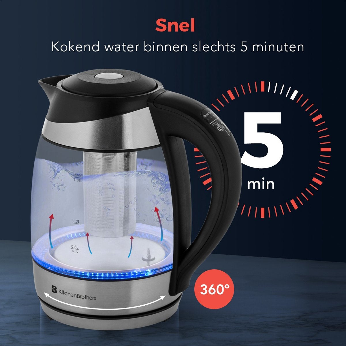 Bouilloire électrique KitchenBrothers - 1,8L - Fonction maintien au chaud - avec filtre à thé - 1,8L - acier inoxydable
