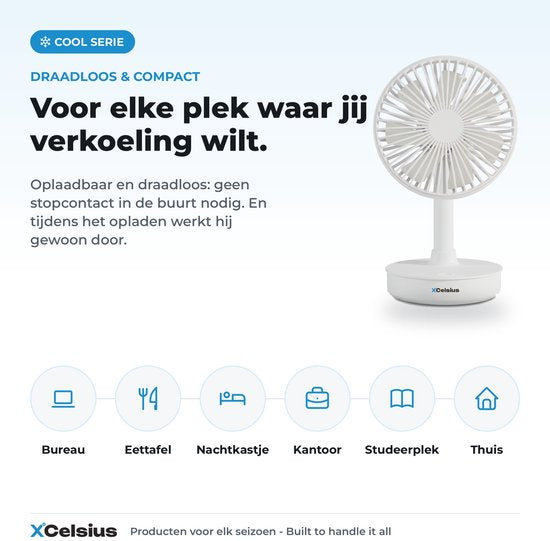 Ventilateur de table sans fil XCelsius® - Ventilateur de bureau, de table et de poste de travail - Rechargeable via USB-C - 4 vitesses - Mode oscillant - Inclinable - Utilisable pendant la recharge - Blanc