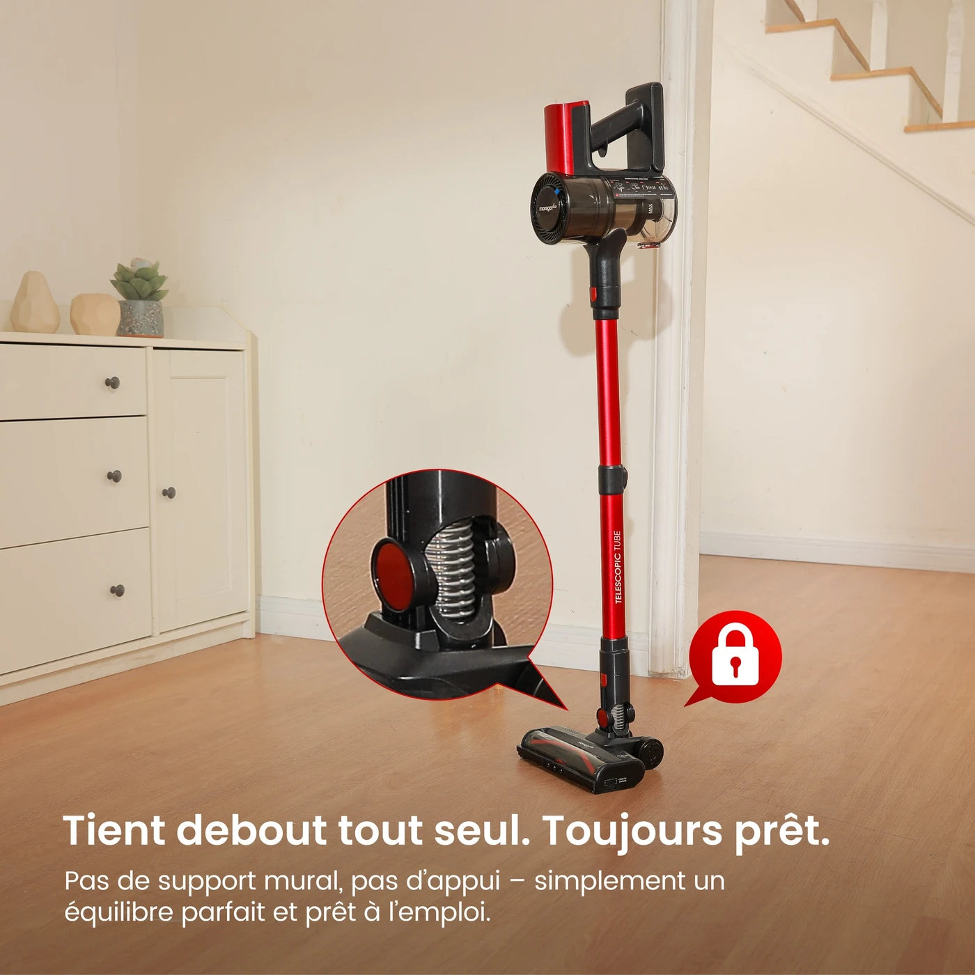 Aspirateur sans fil MonsgaClean M100 - Rouge - 55 000 Pa - 45 min - 1,8 L - Écran tactile - Anti-enchevêtrement - LED verte