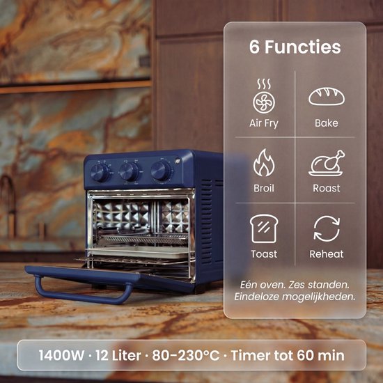 Safecourt Four Airfyer 6-en-1 - 100% sans PFAS - 6 programmes - 80 à 230 degrés - Airfryer, cuire, rôtir, toaster, griller & réchauffer - Bleu