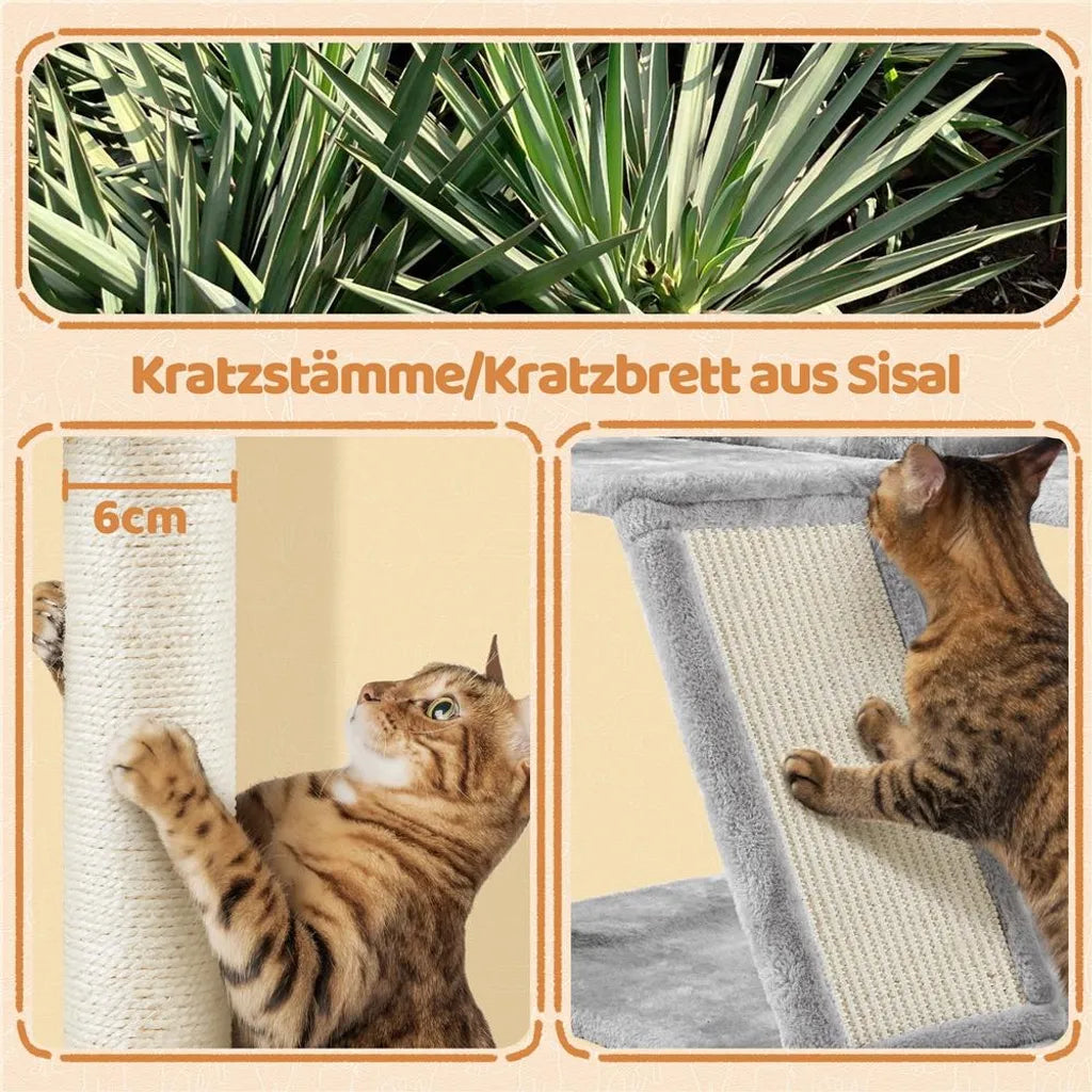 Arbre à chat Yaheetech 146 cm - avec 2 niches pour chats - 3 plateformes d'observation - gris clair