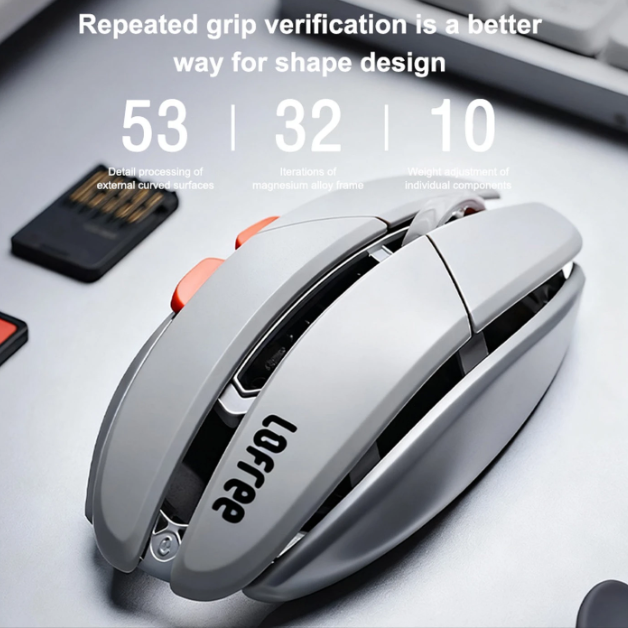 Souris Bluetooth Lofree Hypace – Châssis en alliage de magnésium + coque en PC, connexion tri-mode (Bluetooth / 2,4 GHz / filaire), capteur laser PAW3950, gris clair, OE923