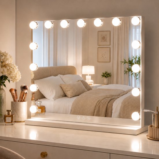Miroir Lumirex Hollywood 58 x 46 cm - Miroir de maquillage éclairé - 15 LED - Intensité réglable - 3 couleurs de lumière - Commande tactile - Alimentation secteur - Miroir de maquillage - Blanc