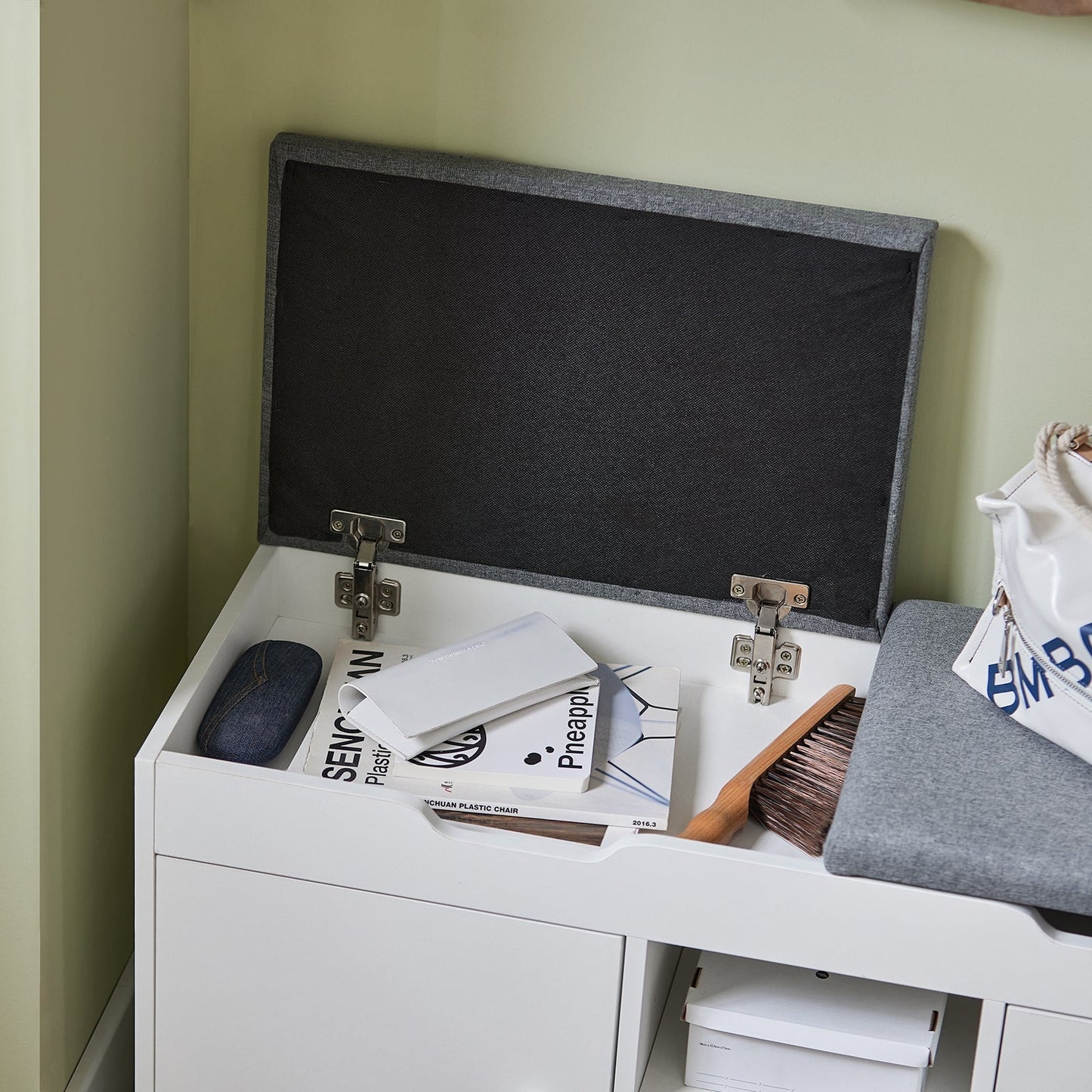 Banc SoBuy, Banc à chaussures avec 2 armoires, 100 x 34 x 48 cm, Blanc/ Gris