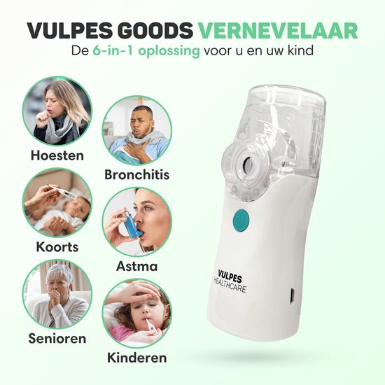 Vulpes Goods® HealthCare - Dispositif d'aérosol - Nébuliseur ultrasonique - Nébuliseur - Inhalateur pour enfants, adultes et bébés - Rechargeable - 2 modes - Aide à lutter contre les maladies des voies respiratoires - 4 buses et étui de voyage de luxe inc
