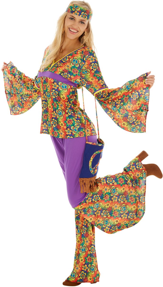 Dressforfun - Costume de hippie pour femme - Costume rétro coloré avec pantalon et haut pour le carnaval et la fête - Taille S