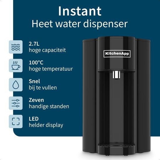 KitchenApp Distributeur d'eau chaude avec filtre - Bouilloire instantanée de luxe avec contrôle de la température - Robinet d'eau chaude 2.7L - Noir
