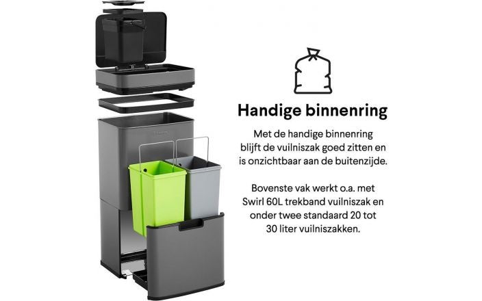 Homra NEXO Poubelle Séparation des déchets 3 compartiments - 72 litres (2x12 + 48 L) avec capteur infrarouge - Design Trio Poubelle Acier inoxydable - Gris