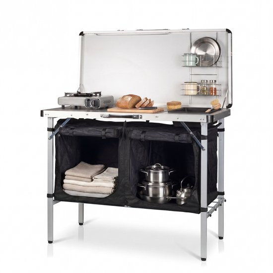 Cuisine de camping Tristar – Pliable – 100 x 50 cm – Avec évier – Structure en aluminium – Meuble de camping et cuisine d'extérieur – Sac de transport inclus – Pieds réglables – KI-0825