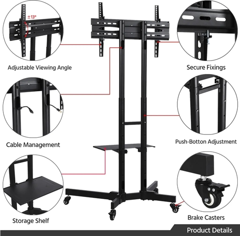 Support TV Yaheetech 32-75 pouces sur roulettes avec double barre, noir