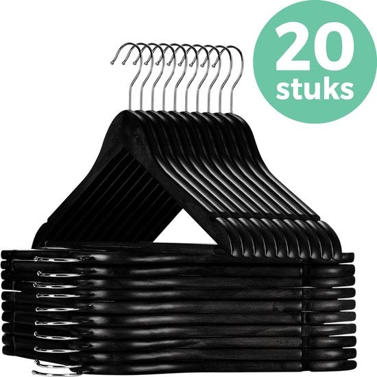 LifeGoods Cintres - Avec barre de pantalon - Bois dur - Noir - 20 pièces