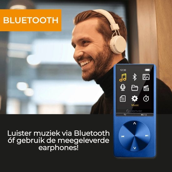 Denver Lecteur MP3 / MP4 - Bluetooth - USB - Shuffle - jusqu'à 128 Go - Ecouteurs inclus - Enregistreur vocal - Dicataphone - MP1820 - Bleu