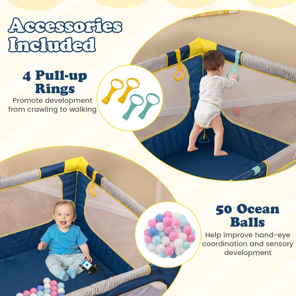 Parc pliable pour bébé Coast 127 x 127 x 72,5 cm - 50 balles et 4 anneaux à tirer - Porte à fermeture éclair - Bleu