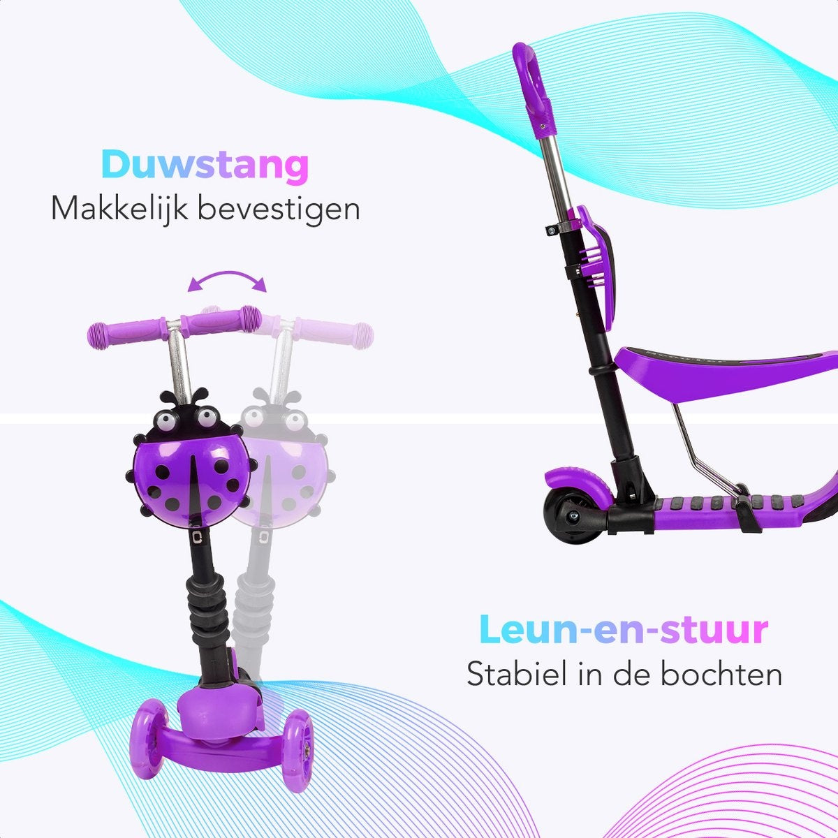Scooter pour enfants avec barre de poussée - LifeGoods MultiRider - 3 à 8 ans - garçons/filles - 3 roues lumineuses - violet