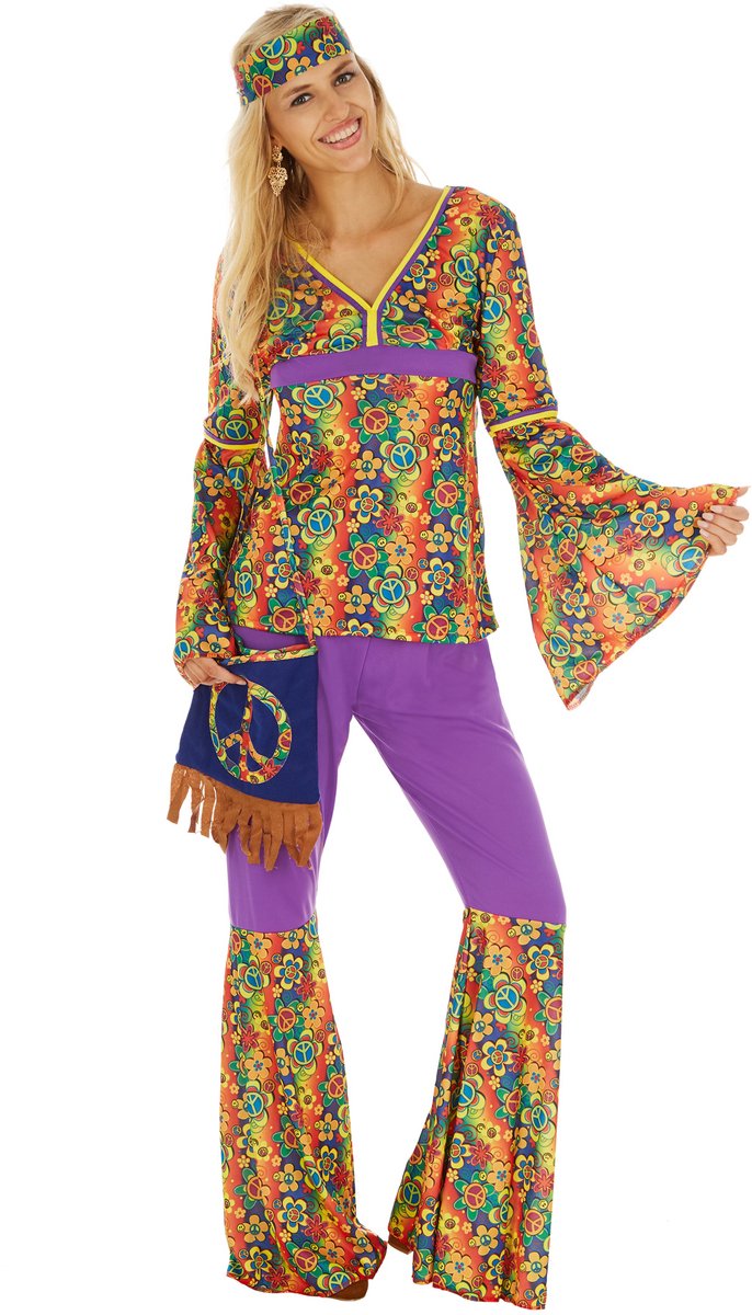 Dressforfun - Costume de hippie pour femme - Costume rétro coloré avec pantalon et haut pour le carnaval et la fête - Taille S
