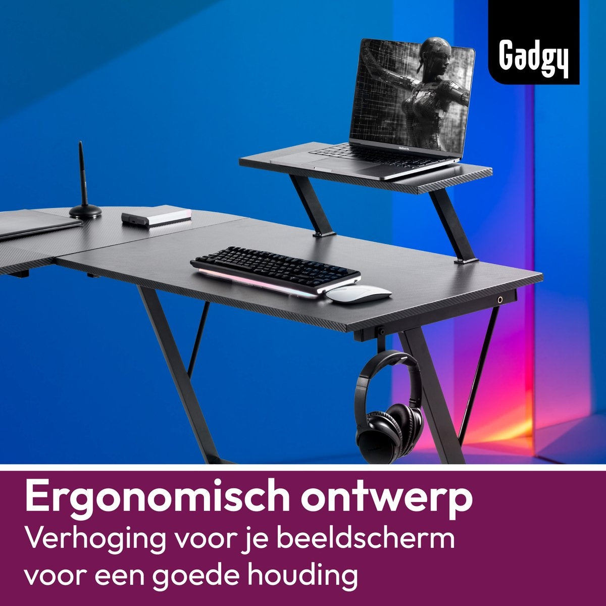 Gadgy Game Desk Carbon PRO - Gaming Corner Desk 130 CM Wide - Gaming Desk with Carbon Details - Gaming Desk L-Shape with Headphone Holder, Screen Raise & Storage Basket - Level Up with Gadgy - Black Carbon
