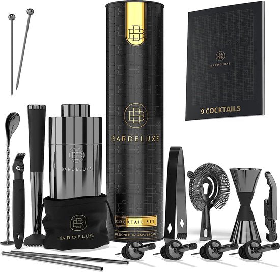 Set cocktail, 17 pièces, set bartender, set cocktail mixer, 750ml cocktail shaker stainless steel, cocktail shaker set, bartender set, luxury cocktail gift set, bag & recipe book (black)