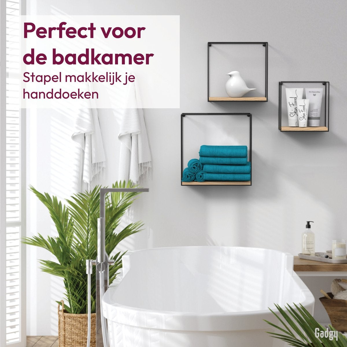 Gadgy Wandrekken Industrieel - Set van 3 - Vierkant Wandrek Zwart - Wanddecoratie Woonkamer - Muurdecoratie Hout - Wandplank zwevend voor Slaapkamer - 32, 27 en 22 cm