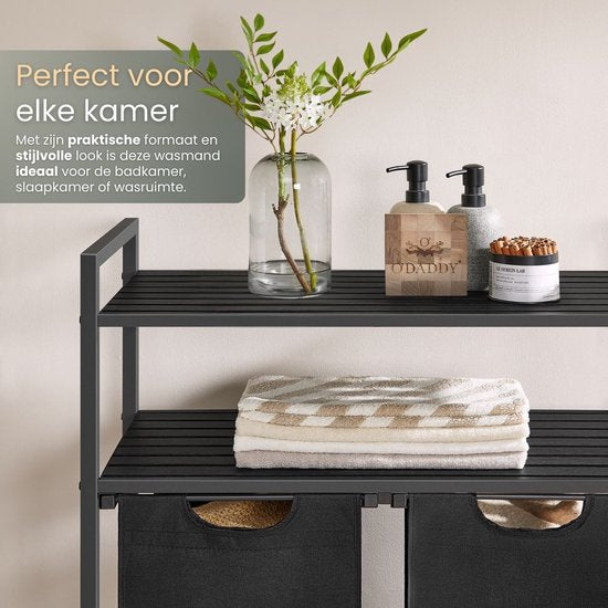 O'DADDY® Panier à linge avec 2 compartiments et 2 étagères - 76 litres - Trieur de linge coulissant - Organisateur de linge - Panier à linge - Boîte à linge - Double panier à linge - Noir/Marron