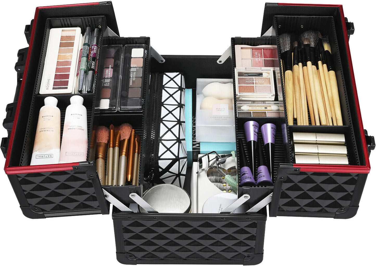 Yaheetech Mallette de maquillage à 3 étages - 34,7 x 22,2 x 25 cm - équipée de cloisons réglables, d'une doublure en velours et d'une serrure à clés - pour les coiffeurs et les esthéticiennes - aluminium noir et rouge