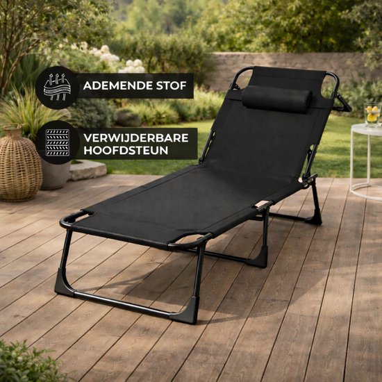 Outbee Lounger - Chaise longue - Lit de soleil - 190x55x30 cm - Pliable - Réglable - Résistant aux intempéries - Noir
