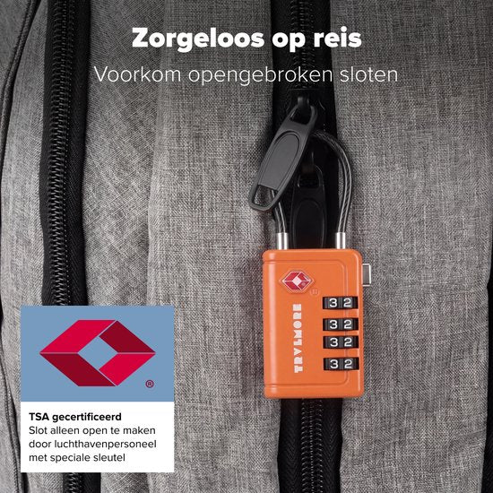 TRVLMORE Cadenas de valise avec câble - Certifié TSA - Fonction alarme - À 4 chiffres - Lot de 2 - Orange
