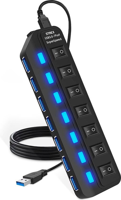 Strex USB 3.0 Hub - Répartiteur USB - 7 ports - 5Gbps - Indication LED - Interrupteur marche/arrêt - Câble 100CM