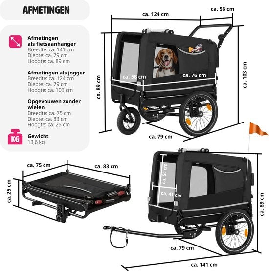tectake® - Hondenkar WoofRider fietskar - zwart - inklapbaar - tot 40 kg - hondenbuggy hondenwagen