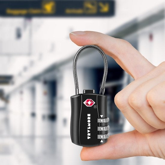 TRVLMORE Serrure de valise - Serrure de voyage TSA - Cadenas - 3 chiffres - 4 pièces - Noir