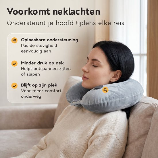 TRAVARA Oreiller cervical « The Puffer » - Oreiller de voyage gonflable - Pour l'avion - Oreiller de voiture - Travel Pillow - Gris