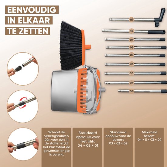 TTD® Pelle et brosse avec long manche XXL - réglable 54-263 cm - balai - manche de balai - gris et orange - pelle et brosse - poubelle pour l'intérieur et l'extérieur - dents de nettoyage intégrées