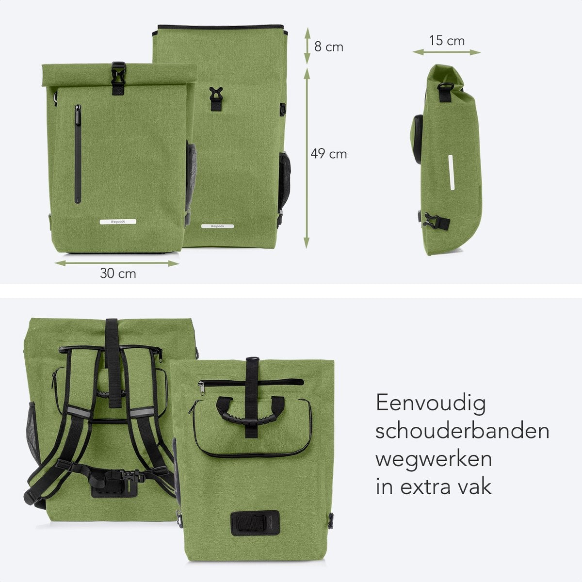 LifeGoods Single Bicycle Bag - Compact - Sac à bandoulière et sac à dos - 25L - Porte-bagages ronds - Imperméable - Vert olive