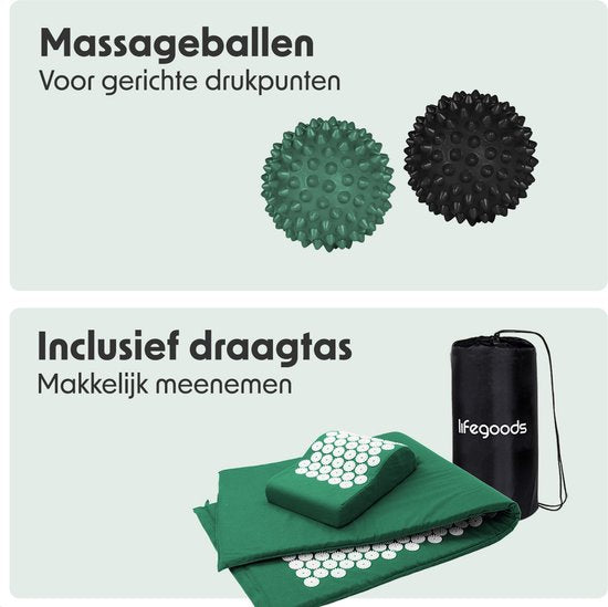 LifeGoods Tapis d'acupression XL - avec coussin - Tapis Shakti - Tapis pour ongles avec 2 balles pour points de déclenchement - 128x48x2cm - Vert/Blanc