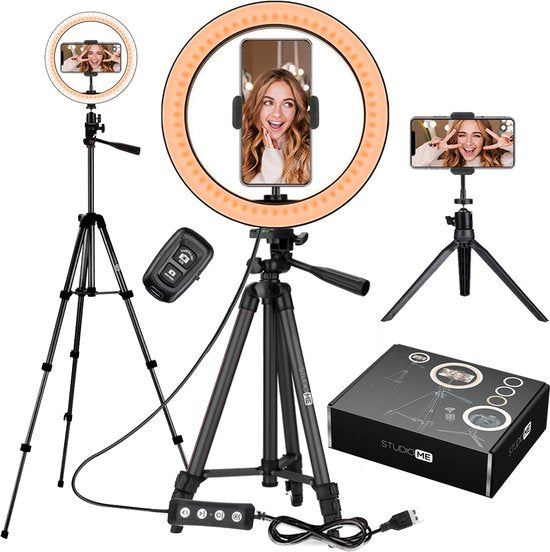 Studio ME Ring Lamp with Tripod 10 inch - Black - Ring Light - 30 Light modes - Incl. Remote Control & Mini Tripod - Ringlight - Ring Lamps