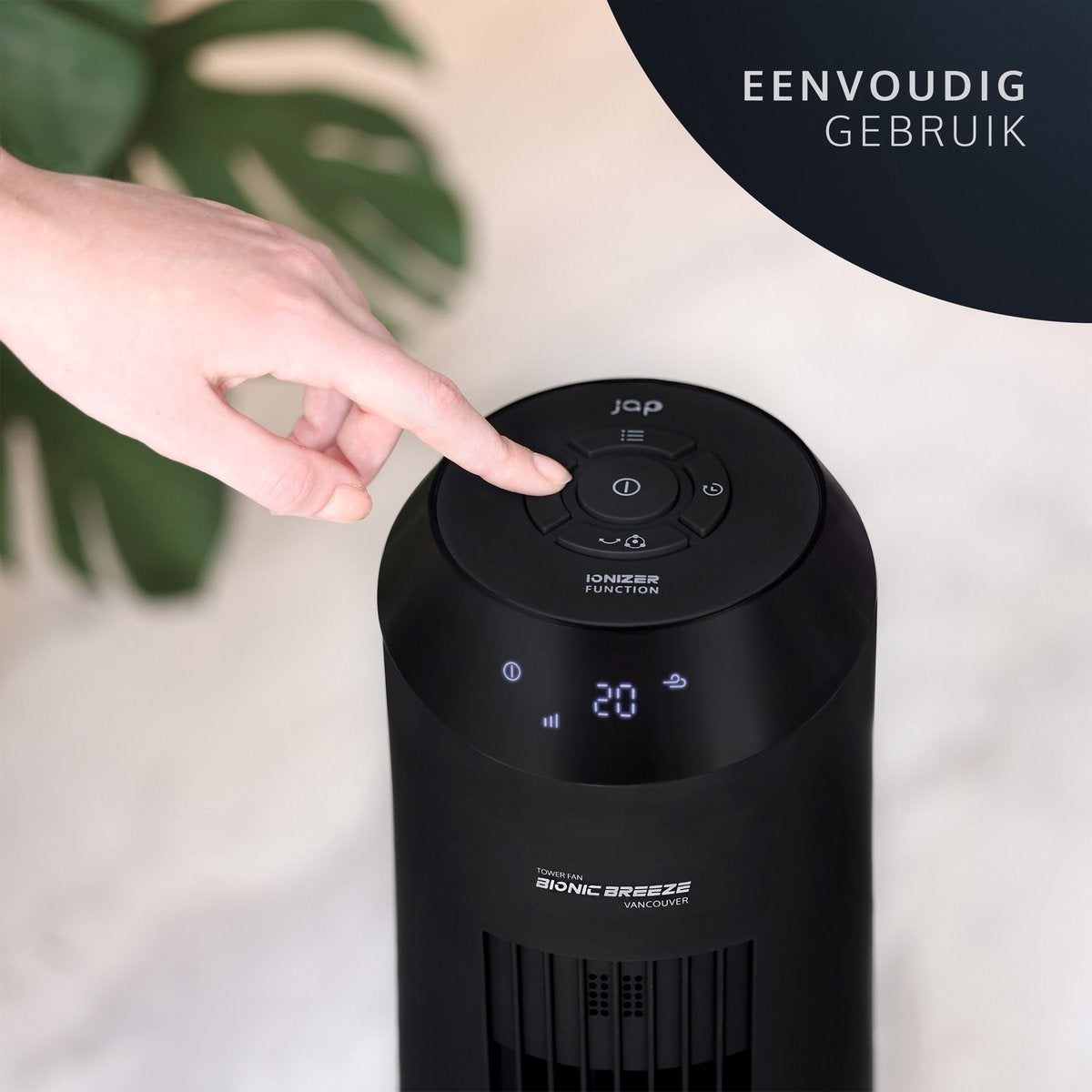 JAP Appliances Vancouver - 2 en 1 Ventilateur silencieux (48dB) et purificateur d'air (Ioniseur) - Ventilateur de tour avec télécommande et minuterie - 6 niveaux - Noir mat