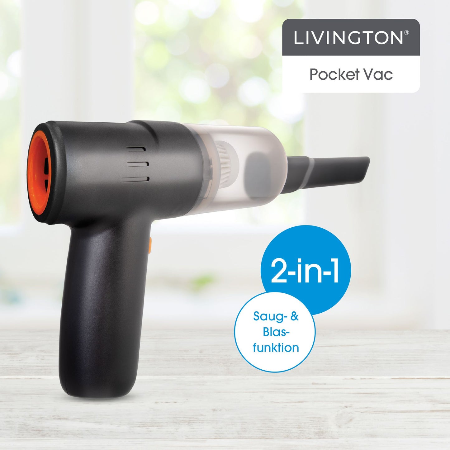 Aspirateur à main sans fil Livington PocketVac avec fonction soufflerie – Compact – Léger – 5 embouts inclus