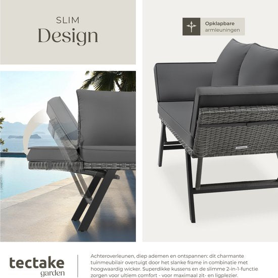 tectake® 2-in-1 Banc de jardin en osier Sintra - Mains courantes réglables - Salon de jardin - Chaise longue - Banc de salon de balcon - Coussins inclus - Canapé de salon d'extérieur - Lit de soleil résistant aux UV et aux intempéries - Gris