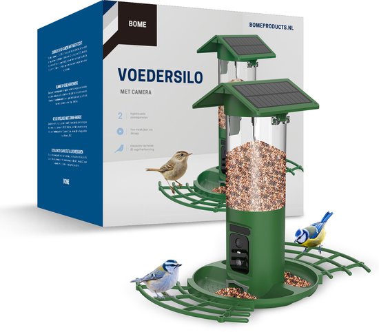 Mangeoire à oiseaux BOME - Double caméra 2K HD - Silo à graines - Reconnaissance des oiseaux par IA - Avec panneaux solaires