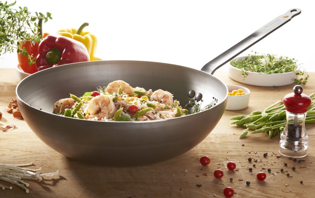 De Buyer Wok - Tôle d'acier - Ø 28 cm - Fond large - Gris - Sans PFAS - Convient à l'induction