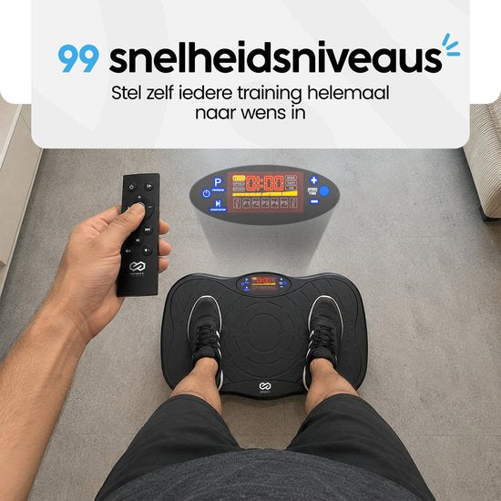 Infinity Goods Plateforme vibrante Premium - Plateforme vibrante de fitness - Bandes de résistance et poignées incluses - Powerplate - 5 programmes d'entraînement - 99 niveaux de vitesse - Musique via Bluetooth - Noir