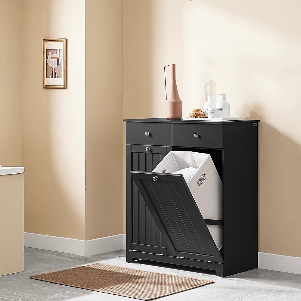 Armoire de salle de bains indépendante SoBuy avec panier à linge – Équipée de deux sacs à linge amovibles, de deux tiroirs et de quatre patins en silicone – Pour la salle de bains et la buanderie – MDF noir et tissu – 78 x 39 x 91 cm