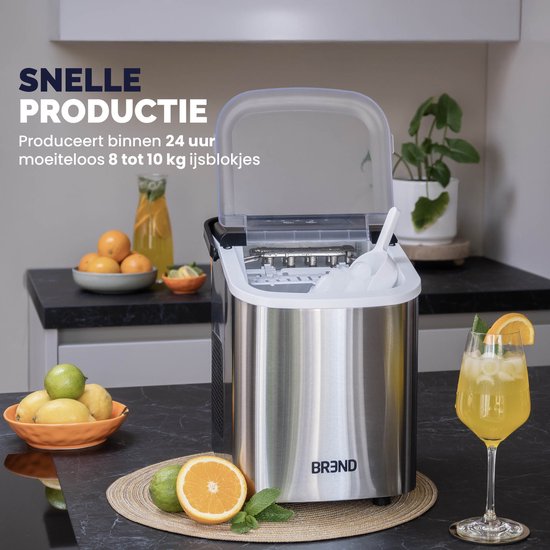 BREND BR-2213 Machine à glaçons avec cuillère et plateau d'égouttage - Grands L ou petits S glaçons - Machine à glaçons portable - 10 kg en 24 heures - Argenté