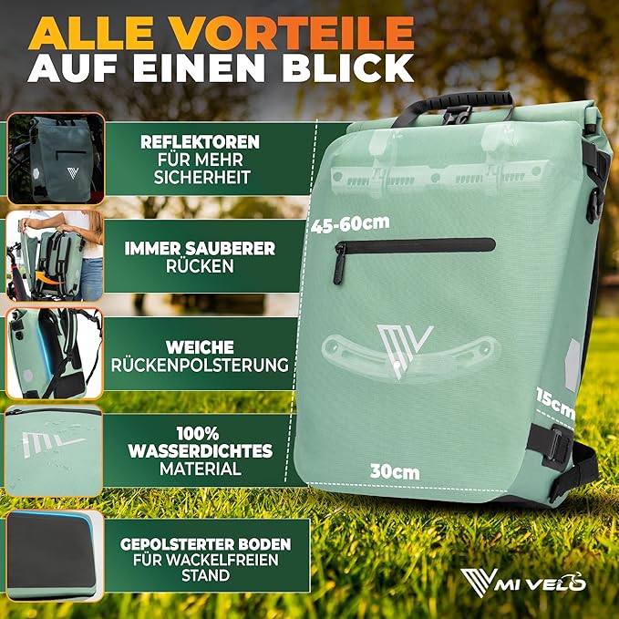 MIVELO 3-in-1 Pannier - Sac à dos et sac à bandoulière - Imperméable - Comprend un compartiment pour ordinateur portable - 20L - Mint