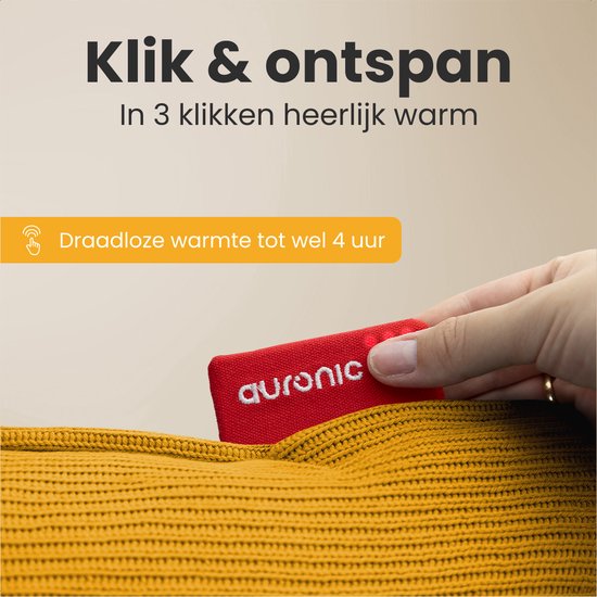 Auronic Heat Pillow - Tricoté - 45x45 - Sans fil - Rechargeable - Oreiller électrique - Infrarouge - Jaune